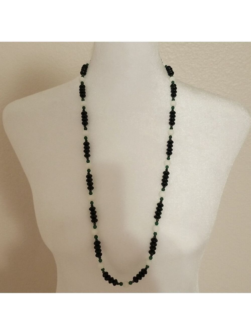 Vintage black and white beads necklace 30 inches long .